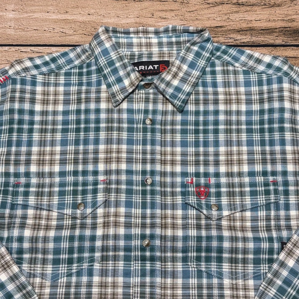 Ariat FR Cobb Work Shirt Mens Large Blue Green Plaid Flame Resistant Snap NEW - Picture 2 of 9